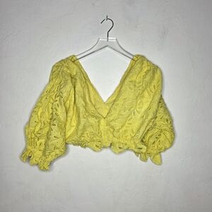 Place Nationale V Plunge Sleeve Crop‎ Top Eyelet Canary Yellow Linen Size 1